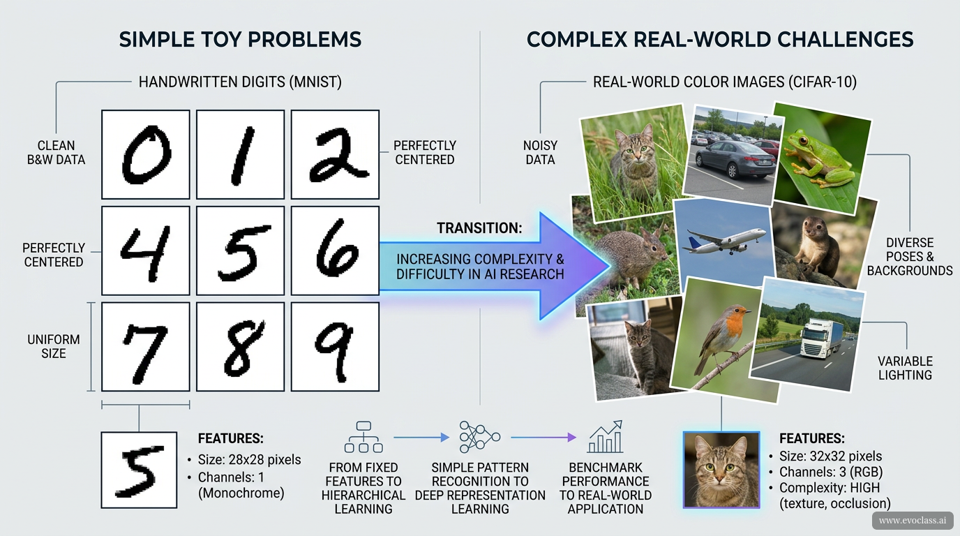 A high-quality educational diagram showing a stark contrast between simple, perfectly centered, black-and-white handwritten digits (like MNIST) on the left side of the graphic, and vibrant, complex, messy real-world color photos of animals and vehicles (like CIFAR-10) on the right side. A glowing arrow represents the transition from simple toy problems to difficult real-world AI challenges. Minimalist academic style, clean vector art.