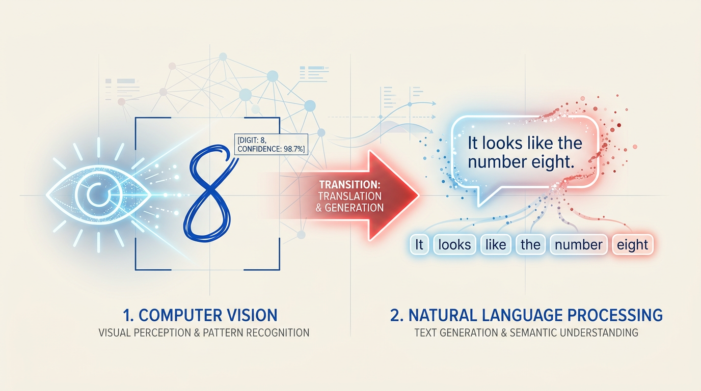 A conceptual, minimalist illustration showing the transition from computer vision to natural language processing. On the left, an abstract glowing eye analyzing a handwritten digit or image. An arrow points to the right side, which shows glowing text tokens or a speech bubble generating text piece by piece. Clean, academic layout, soft pastel and accent red color tones.