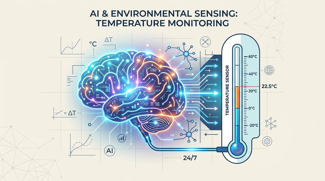 A minimalist, academic vector illustration showing a glowing AI brain connected to a thermometer representing 'temperature' settings. Beside it, text tokens are being generated in sequence. Soft pastel colors, accent red, clean white background, educational technology concept.